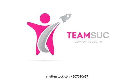 Vector of rocket and man logo combination. Airplane and human symbol or icon. Unique team and friendship logotype design template.