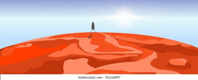 Vector Rocket on Mars fantasy landscape. Space Universe, Red Planet, Sun and Rocket Spase Ship Illustration. Stock vector