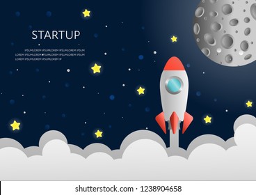 Vector rocket on the sky background. Business startup concept poster design.