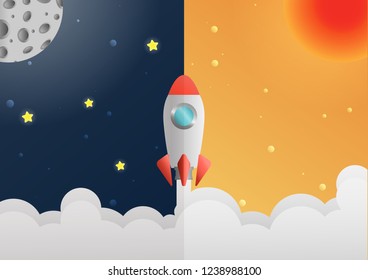 Vector rocket on the sky day and night.