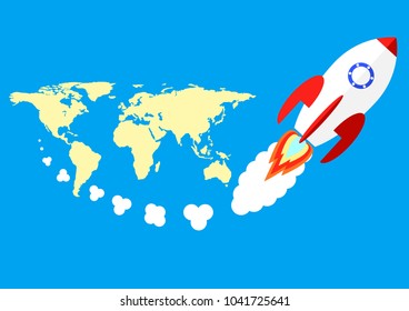 Vector rocket orbit around the world map flat design for concept of product launch on a market. business startup symbol. ESP 10