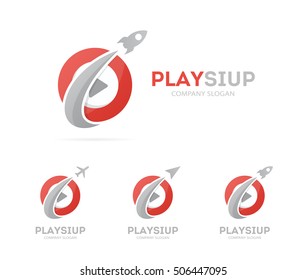 Vector of rocket and play button logo combination. Airplane and record symbol or icon. Unique audio and video logotype design template.