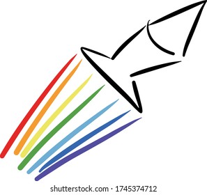 Vector rocket with rainbow trace. Colorful  hand drawn lgbt illustration isolated on white background. 
