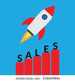 Un vector de cohete con gráfico de palabras y barras de ventas.
