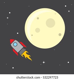 A vector rocket ship blasts past a full moon in the star filled night sky.