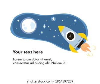 Vector. Rocket ship, spaceship flying through space toward moon. Space rocket flying in space with planets and stars. Childish cartoon style rocket launch. Space travel of rocket in cosmos