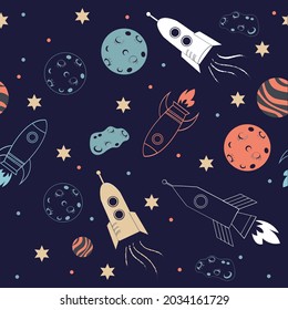 Vector of rocket ships, planets and stars in space, on black background. graphic decor print design, outer space and cosmos concept digitally generated image.