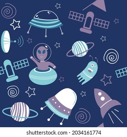 Vector of rocket ships, ufos, alien, satellite and stars in space, on blue background. graphic decor print design, outer space and cosmos concept digitally generated image.