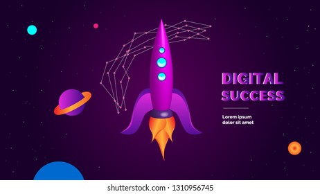 Vector rocket in space as concept of startup or business success, digital template with starship on dark violet background