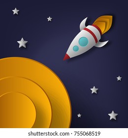 Vector rocket, space, planets, stars, cut from paper, 3d. Used for posters, posters, postcards, banners, backgrounds.