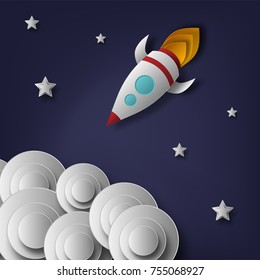 Vector rocket, space, planets, stars, cut from paper, 3d. Used for posters, posters, postcards, banners, backgrounds.