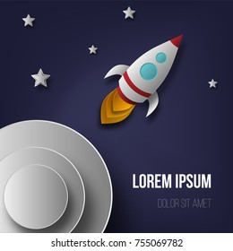 Vector rocket, space, planets, stars, cut from paper, 3d. Used for posters, posters, postcards, banners, backgrounds.