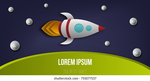 Vector rocket, space, planets, stars, cut from paper, 3d. Used for posters, posters, postcards, banners, backgrounds.