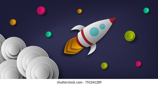 Vector rocket, space, planets, stars, cut from paper, 3d Used for posters posters postcards banners backgrounds