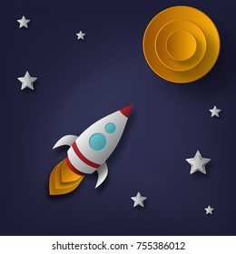 Vector rocket, space, planets, stars, cut from paper, 3d Used for posters posters postcards banners backgrounds