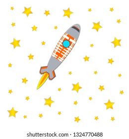 Vector Rocket and Stars Isolated on White Background, Paper Art Style.
