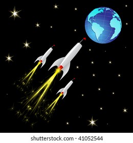 vector rockets flying from space toward earth