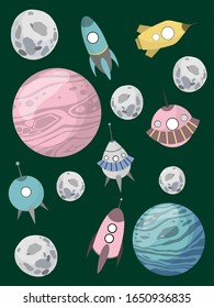 Vector rockets set. Hand drawn illustration. Cosmos. Galaxy space. Moon. Astrology. Flat illustration. Hand drawn stickers . Cosmonauts Day