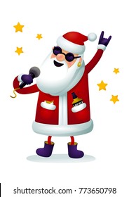 Vector Rock-n-roll Santa character. Singing Santa Claus or Ded moroz - rock star with microphone isolated on white background. Christmas poster for party with or Xmas greeting card new year web banner