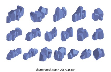 Vector rocks set. Cartoon gray stones. Isometric boulders heap