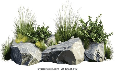 Vector rocks, weed growth, landscape illustration, transparent, outdoor terrain, nature, organic elements, plant life, nature design, eco friendly, green growth