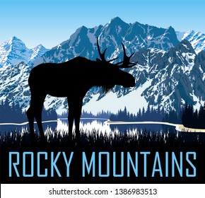 vector rocky mountains lake with moose