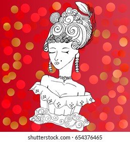 Vector rococo doodle girl wearing big hairstyle and shoulder open dress on red party background.