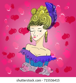 Vector rococo doodle girl wearing big hairstyle and shoulder open dress on festive pink background. Queen of hearts. 