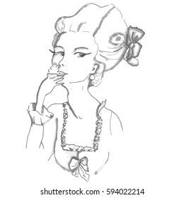 Vector rococo girl wearing big hairstyle and eating cupcake.