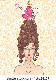 Vector rococo styled girl with curly hair and tea pot is ready for  party. Sweets and cakes pattern background.