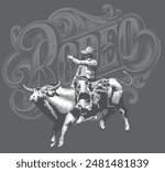 
vector rodeo banner poster with cowboy rider sitting on a bucking bull, retro style
