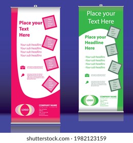 vector roll up banner for business presentation, modern and new x-banner, with geometric patterns in pink and green colors