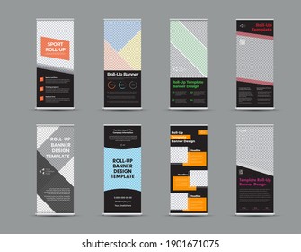 Vector roll up banner template with colored geometric elements on black background, design presentation with place for photo. Set of realistic shadow posters for publishing and advertising