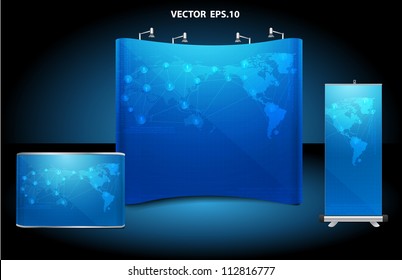 Vector Roll Up Banner With Trade Show Booth, And Virtual Business Network Process Diagram Identity Background Ready For Use.