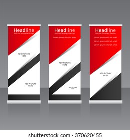 Vector roll up red and black banner template with place for pictures. Vector template horizontal banner for advertising.