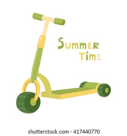 Vector roller scooter. Balance bike. Cartoon cute color kick scooter for design or web pages, posters. Green push scooter isolated on white background. Eco transport for kids