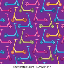 Vector roller scooter seamless pattern on violet background. Cartoon cute colorful kick scooters used for magazine, textile, wrapping paper.