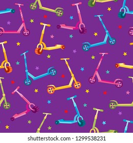 Vector roller scooter seamless pattern on violet background. Cartoon cute colorful kick scooters and stars used for magazine, textile, wrapping paper.