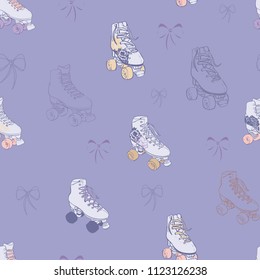 Vector Roller Skates and bows purple seamless pattern background. Perfect for fabric, scrapbooking and wallpaper projects.