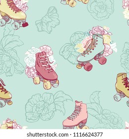 Vector Roller Skates with flowers in pastel seamless pattern background. Perfect for fabric, scrapbooking and wallpaper projects. 