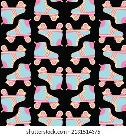 Vector roller skates pattern on black background. 90s style theme 