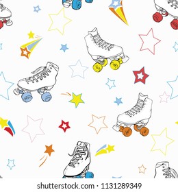 Vector Roller Skates with stars in rainbow colors seamless pattern background. Perfect for fabric, scrapbooking and wallpaper projects.