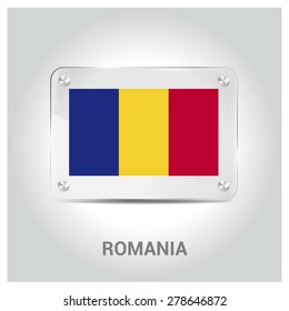 Vector Romania Flag glass plate with metal holders - Country name label in bottom - Gray background vector illustration