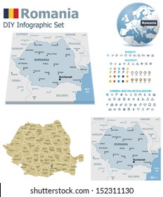 Vector Romania maps, Romania flag, Earth globe showing country location, map markers and related icon set