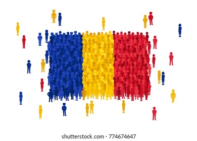 Vector Romania state flag formed by crowd of cartoon people