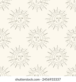 Vector romantic astrology or astronomy vintage ancient stylish moons and sun doodle characters faces ornament. Hand-drawn set of crescent moon mystic celestial stellar space seamless pattern. Antique