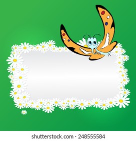 Vector romantic background with daisies and cartoon Butterfly 