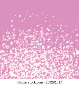 Vector romantic background with hearts and bokeh lights.