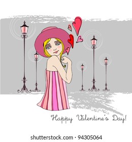 vector romantic background with illustrated cute girl for valentine's day