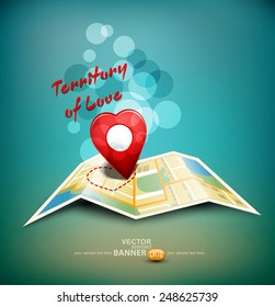 vector romantic background "territory of love" with a map and a sign in the shape of a heart